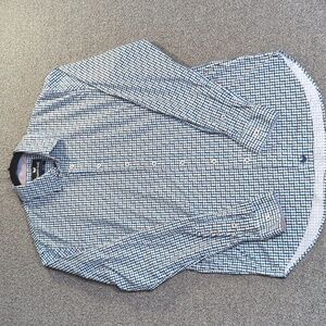 Buttercloth Knit Button Down Shirt Size Large-Tall in a Blue Geometric Pattern